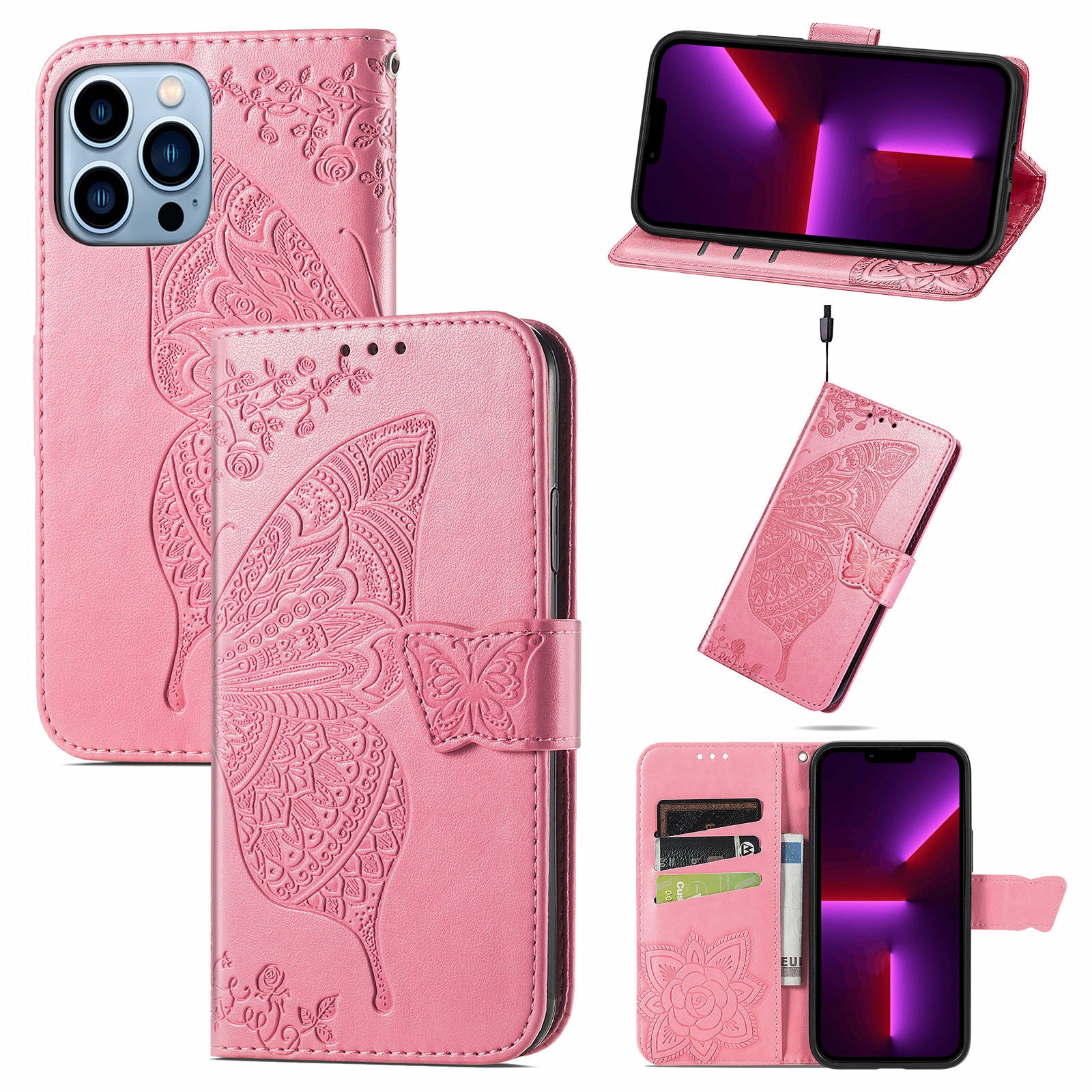 Case de teléfono en relieve de mariposa de PU Flip al por mayor